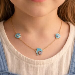 Girls’ Blue Dolphin & Flower Charm Necklace – Kids’ Jewelry